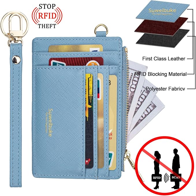 Wikavanli Women Slim Rfid Blocking Credit Card Case Holder Wristlet Zip ID Case Wallet Small Compact Leather Wallet Coin Purse with Keychain (Blue)