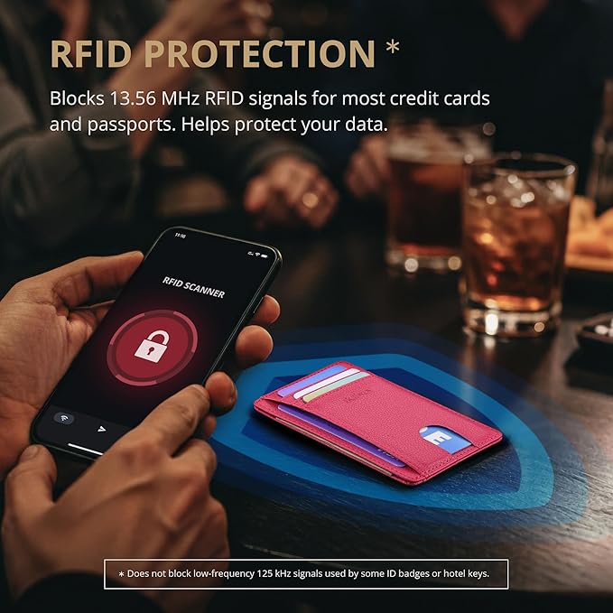 Buffway Slim Minimalist Front Pocket RFID Blocking Leather Wallets for Men and Women - Lichee Red