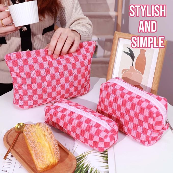 3 Pcs Makeup Bag Cosmetic Bag Set for Girls Women Checkered Travel Organizer Bathroom Toiletry Pouch Large Capacity Storage Bag (Rose-Red)