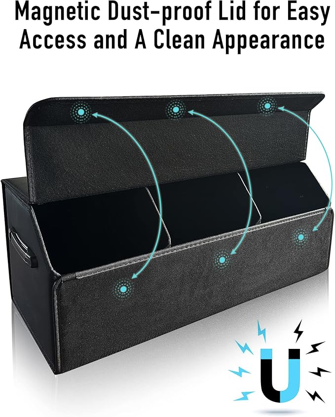 Fyzeoty Car Organizers for Trunk for Suv Sedan, Leather Storage Box,Extra Large,Magnetic Lid,Collapsible and Adjustable, S004, Black