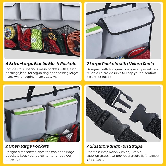 Snuopfy Car Backseat Hanging Trunk Organizer – Gray, 8 Large Storage Bags - Super Capacity Storage Solution for SUVs, Trucks, Vans, and Cars - Ultimate Car Organization for a Clutter-Free Space