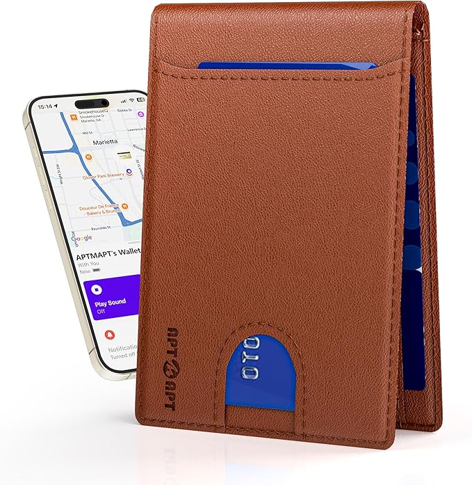 Men's Wallet with Tracker, (RFID Blocking) Slim Bifold Front Pocket Wallets for Men with Find My for Travel, Gym, Daily Use with Gift Box, Brown