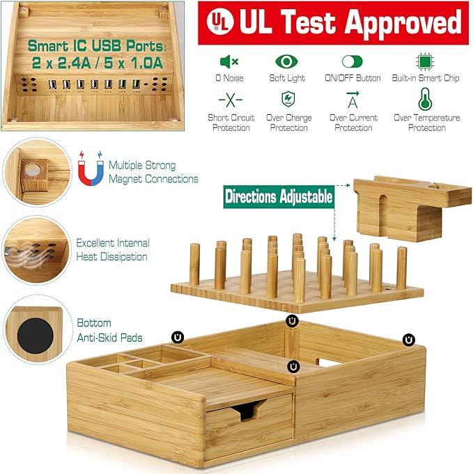 Bamboo Charging Station for Multiple Devices - Darfoo Wood Charging Dock Organizer with Drawer, 7 USB Charging Ports Compatible with Cell Phones, Tablet, Smart Watch & Earbud
