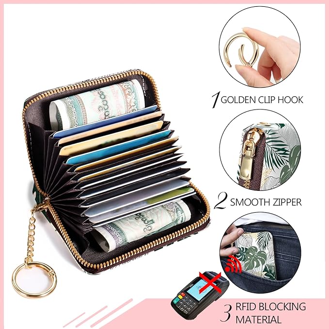 Blusabaca Credit Card Holder for Women, Tropical Leaves Abstract Small RFID Wallet with Zipper, Card Keychain Wallet, Leather Card Case, Business RFID Blocking Accordion Purse Wallet Gift