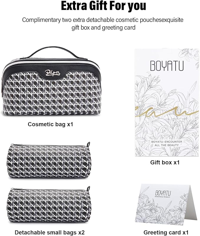 BOYATU Travel Makeup Bag Cosmetic Bags for Women: Large Capacity 3 Pcs Set Make up Bag with Compartments - Waterproof Vegan Leather Toiletry Organizer Bags with Handle (M-76Black)