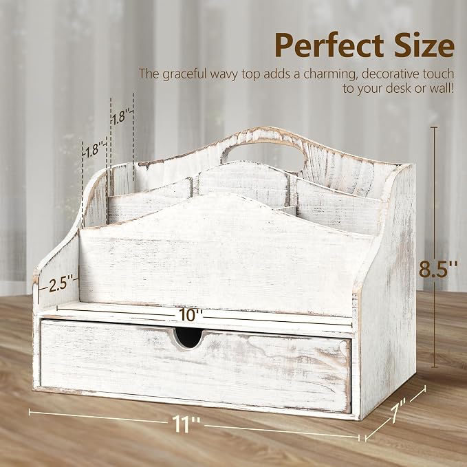 Pine Wooden Mail Organizer for Desk - Retro Farmhouse Mail Holder Countertop with Drawer & Dividers - 4-Slot Letter Holder for File & Office Accessories - Office Organizer for Home Decor (Whitewash)