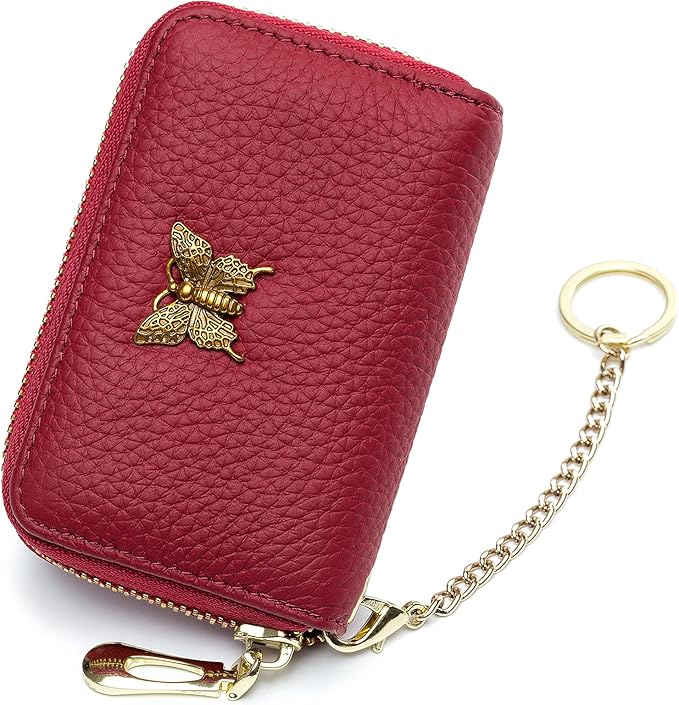imeetu RFID Credit Card Holder for Women Genuine Leather Card Case Wallet with Zipper and Removable Keychain (Red)