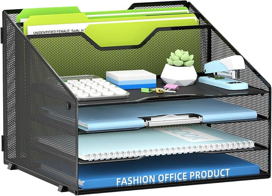 SUPEASY Desk File Organizer, Mesh Paper Tray Organizer with 4 Letter Trays and 2 Vertical File Holders, Desk Organizers and Accessories for Home Office, Black