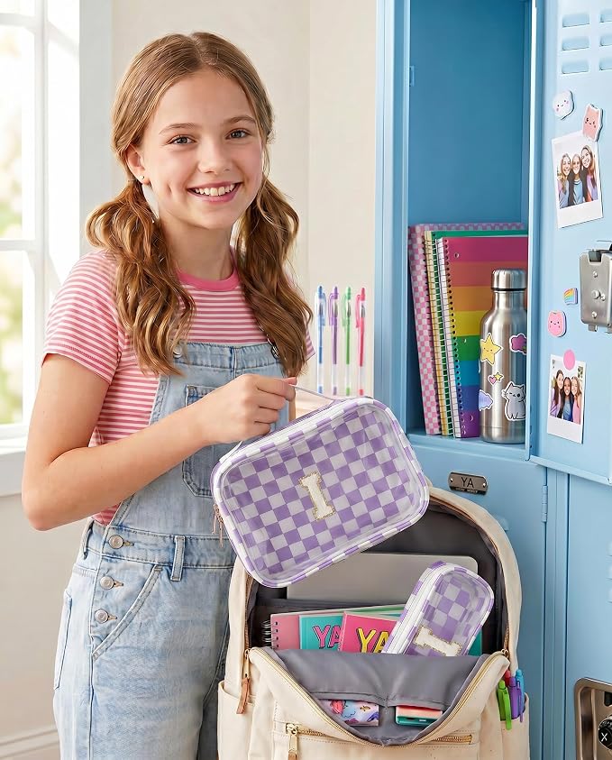 Preppy Personalized Initial Monogram Makeup Bag Set - Checkered Clear Sunscreen Cosmetic Pouch Case for Women - Teacher, Sister, Friendship or Birthday Gifts Travel Beach Essentials (I,Purple&Beige)