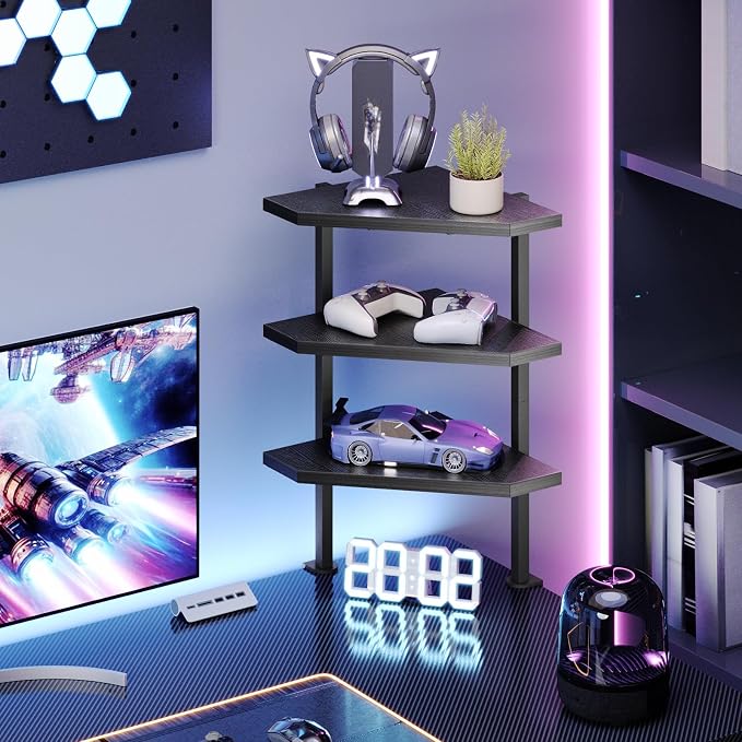 MAHANCRIS Clamp on Desk Corner Organizer, 3-Tier Desktop Shelf, Adjustable Desk Corner Storage Shelf with Metal Frame, for Office, Game Room, Black DSBK5501