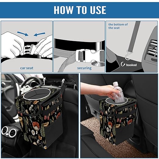 Car Trash Can with Lid Vintage Botanical Mushrooms Collapsible Reusable Leak-Proof Auto Garage Bag,Hanging Vehicle Car Accessories Interior Car Organizer