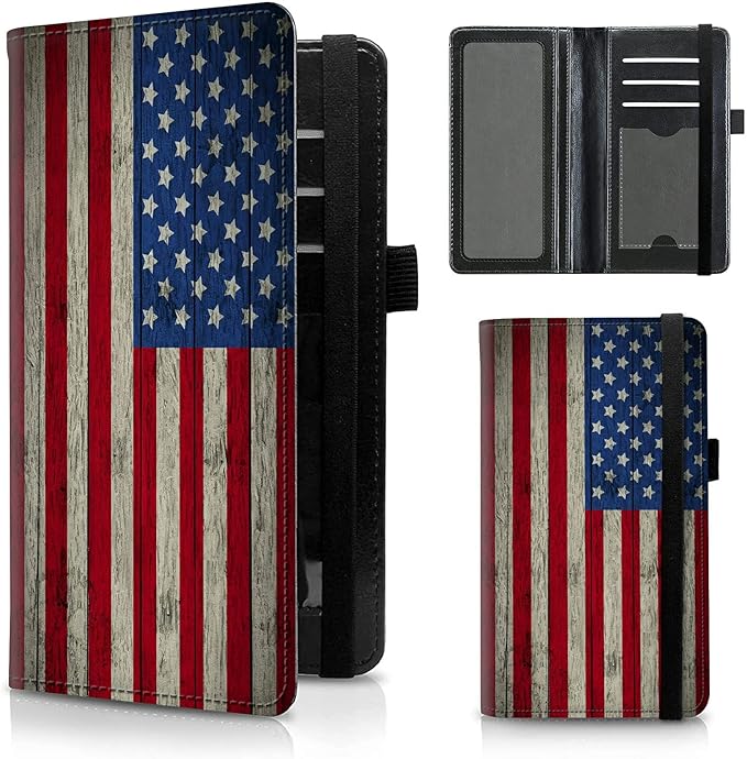 FUYOCWE Leather Checkbook Covers for Men Women Check book Holder Cover Wallets for Personal Checkbook Duplicate Checks with RFID Blocking & Elastic Strap-Retro American Flag