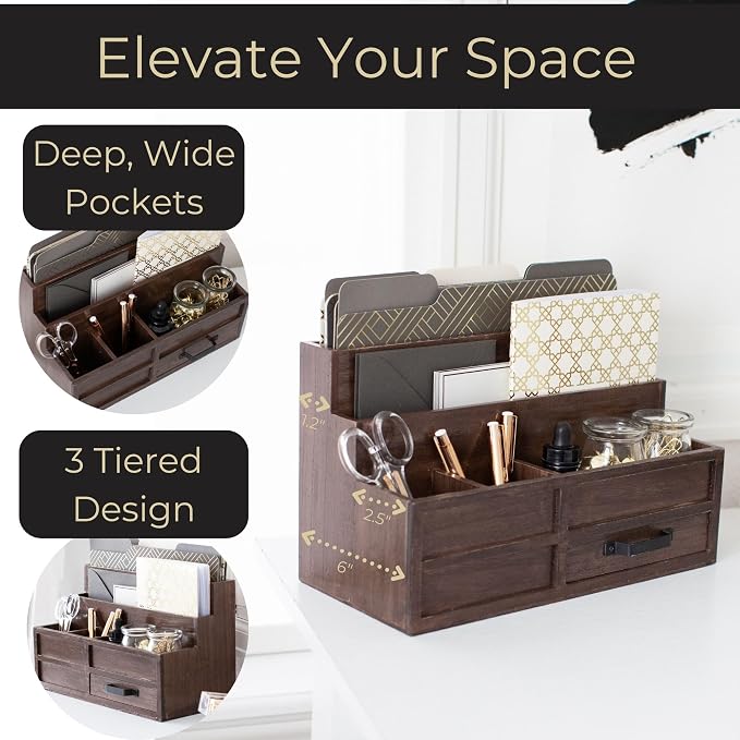 BLU MONACO | Wooden Mail Organizer with Drawer and Pen Holder | Mail Sorter Organizer Countertop for Desk or Kitchen | Outgoing Mail Holder Wood Desktop Storage