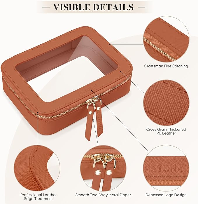 Clear Makeup Bag, Travel Toiletry Bag Cosmetic Case for Women, Waterproof Portable Make Up Skincare Pouch with Zipper, Compact Car Organizer Bag for Essentials, Medium Size, Brown