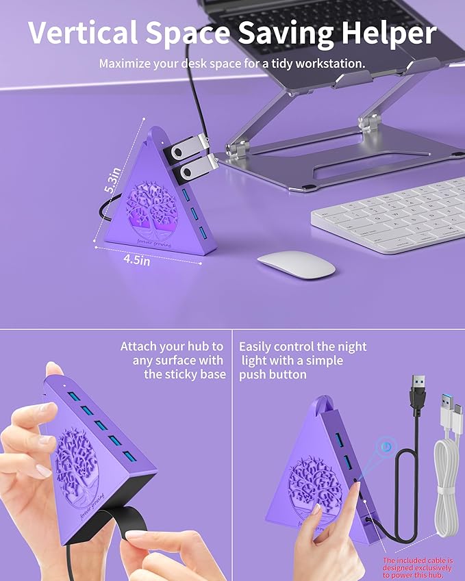 7-Port USB 3.0 Hub, Deep Purple Vertical USB Expander with Tree RGB Lighting, 5Gbps Data Transfer, 2FT Cable, Compatible with Laptop, Desktop, PS5, Xbox, Printer, Flash Drive, HDD