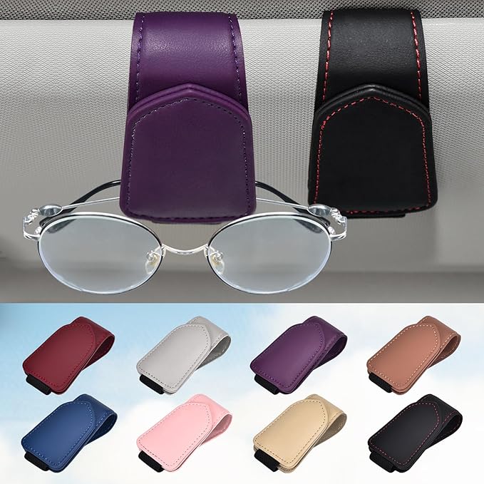 Hoffi Black Sunglasses Holder for car Visor, 2 Packs Magnetic Leather Sunglasses Clip for car Visor, car Accessories for Women and Men Interior, Visor Sunglasses Holder Clip（Black+Purple）