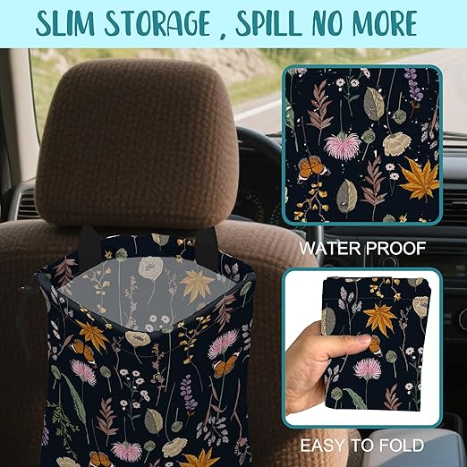 Car Garbage Bag Blooming Botanical Plants Drawstring Car Trash Bag Hanging for Back Seat with Adjustable Buckle Canvas Vehicle Trash Can Easy-to-Install
