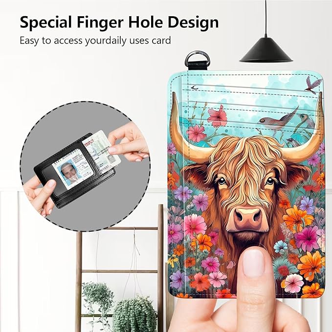 Slim RFID Blocking Card Holder Wallet with Wrist Strap - Minimalist Front Pocket Wallet, Cow and Flower Design, PU Leathe, for Men & Women, Ideal for Travel & Gifts