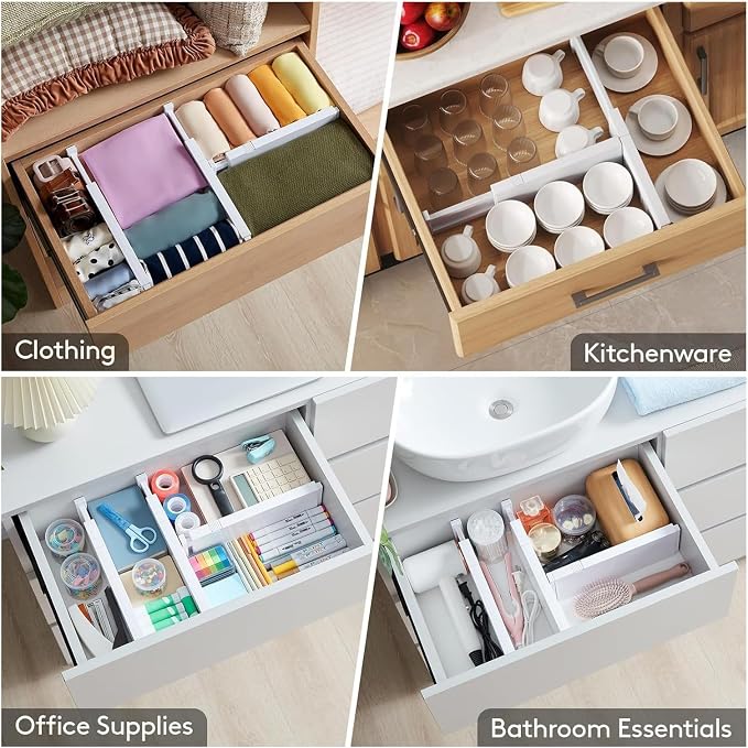 6 Pack Adjustable Drawer Dividers (10.8–17.9”) – Expandable Slide-Lock Plastic Drawer Organizer for Clothes, Kitchen, Bathroom & Office – Tool-Free White Drawer Separators