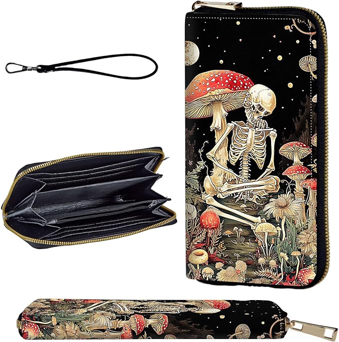 Wallet,Leather Long Wallet Suitable For Ladies And Teenagers - Detachable Wristband + RFID Travel Wallet With Card Slot - Mushroom Skeleton