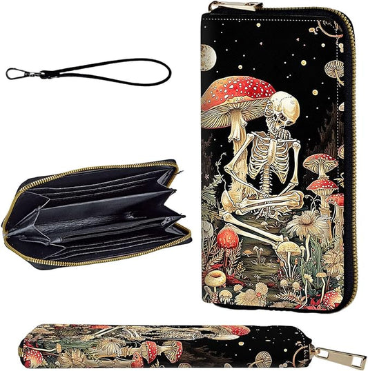 Wallet,Leather Long Wallet Suitable For Ladies And Teenagers - Detachable Wristband + RFID Travel Wallet With Card Slot - Mushroom Skeleton