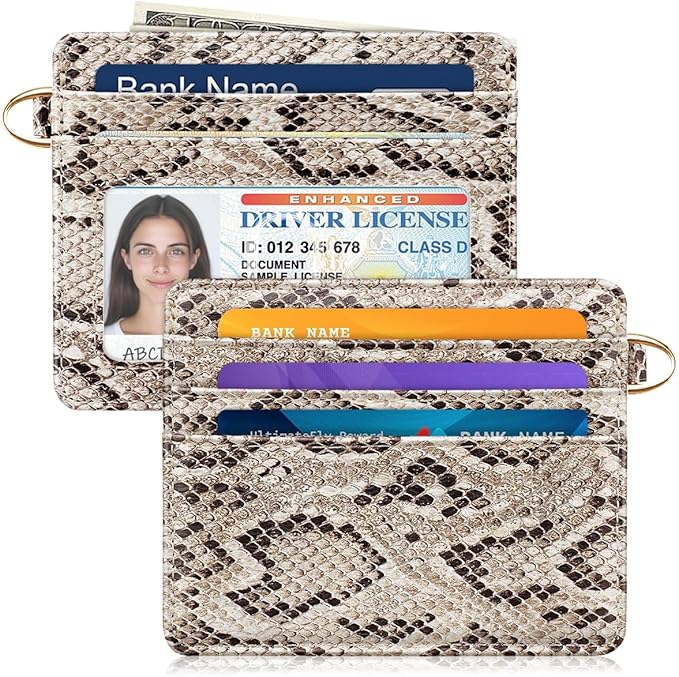 Slim Credit Card Holder Vegan Snake Skin Wallet Women Thin Wallets RFID Blocking Minimalist Lightweight Small Cute Cards Holders with ID Window, Light Snake Skin