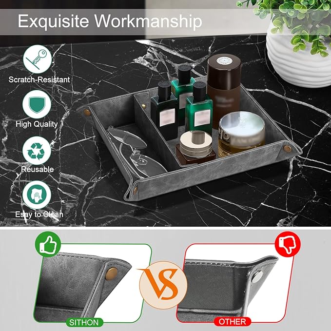 SITHON Valet Tray Desktop Storage Organizer, Removable 2 Compartments Catchall Tray Bedside Vanity Nightstand Caddy Holder Desk Storage Plate (Gray)