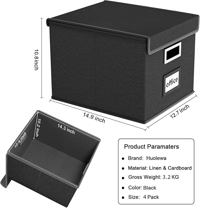 New Portable File Organizer Boxes Set of 4, Collapsible Linen Hanging Filing Storage Boxes with Plastic Slide, Decorative Home/Office Filing System for File and Folders Storage (Black)