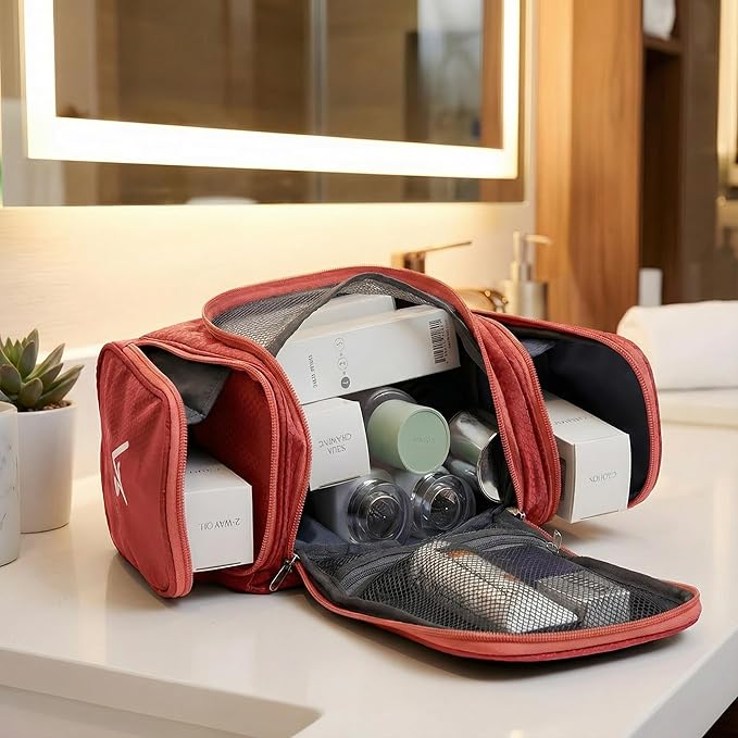 Bago Travel Toiletry Bag for Women and Men X-Large Waterproof Hanging Large Toiletry Bag for Bathroom and Travel Bag for Toiletries Organizer -Travel Makeup Bag (Red)