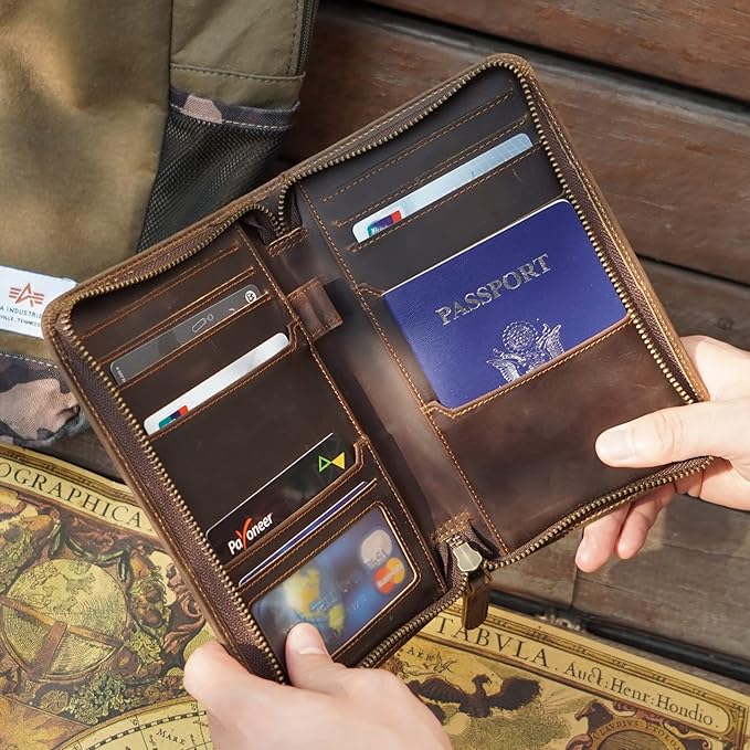Polare Full Grain Leather Passport Holder Cover Case for Men RFID Blocking Travel Wallet Holds 4 Passports (Dark Brown)