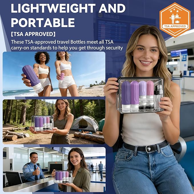 Travel Bottles for Toiletries 10 Pack, TSA Approved Travel Size Toiletries Essentials Containers Set, Leak Proof Silicone Bottles Kit, Refillable Liquid & Creams Accessories (PURPLE)