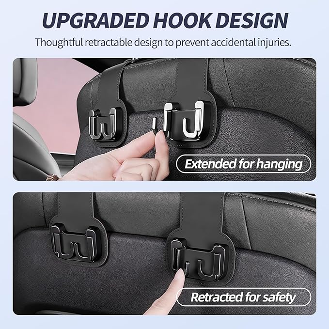 2 Packs Headrest Hooks for Car, Hidden Twinhook Leather & Metal Car Purse Holders, Universal Seat Back Storage Organizer Hanger for Purse Bag Handbags Phones, 2026 Car Seat Accessories (Black)