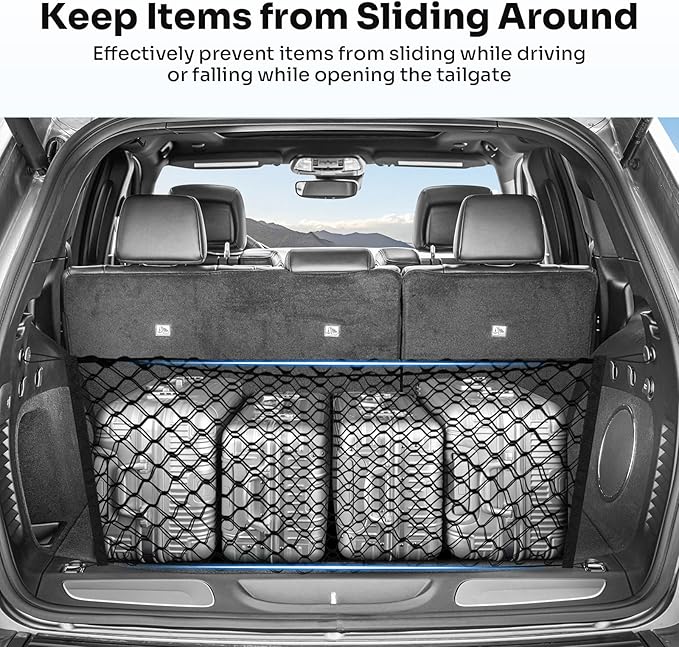 Canvcle Trunk Cargo Net for 2011-2021 Jeep Grand Cherokee Accessories Envelope Style Mesh Trunk Net Organizer and Storage Stretchable Adjustable Elastic Nylon Rear Cargo Netting with Hooks