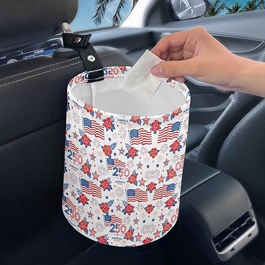 250th America Flag Hibiscus Floral Firework Car Trash Bin Vehoicle Interior Front Seat Trash Bin Lightweight Cup Holder Universal Fit Most Cars, SUVs, Trucks
