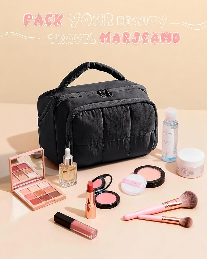 Marscamd Travel Makeup Bag for Women, Toiletry Organizer with Waterproof Pockets, Puffy Cosmetics Pouch for Makeup Brushes, Skincare & Travel Essentials, Black (Bag only)