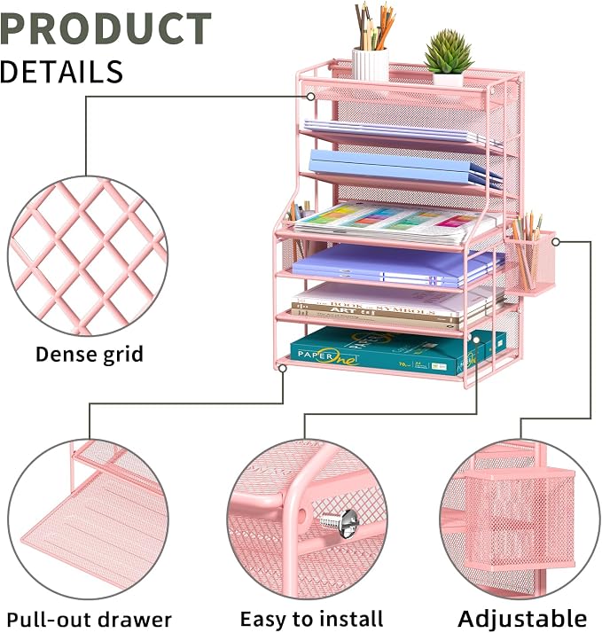 Pink 7 Tier Desk File Organizer, Metal Letter Tray Paper Organizer with Pull-Out Drawer, Removable Pen Holder & Hanging Basket, Vertical Desktop File Holder for Home Office, Classroom