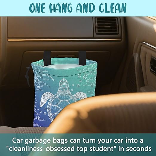 Car Trash Bag Abstract Blue Sea Turtle Hanging Drawstring Car Organizer and Storage Bag with Adjustable Buckle Canvas Garbage Bin for Back Seat or Hanging Headrest Car Decor Road Trip Essentials