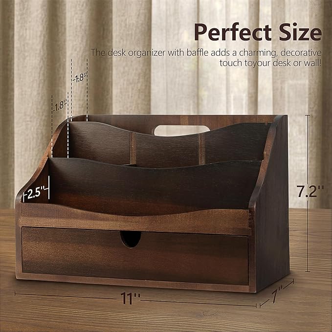 Rebee Vision Acacia Wood Mail Organizer for Desk – Retro Countertop Mail Holder with Dividers – 4-Slot Letter Sorter for Office Accessories – Desktop Organizer for Home Decor (Dark Acacia)