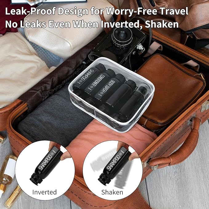 Cosywell Travel Bottles for Toiletries 10PCS 100ml/3.4oz Pre-Printed Shampoo, Conditioner & Body Wash TSA Approved 2oz Spray Bottle Leakproof 0.35oz Plastic Cream Jars Refillable Cream Lotion(Black)