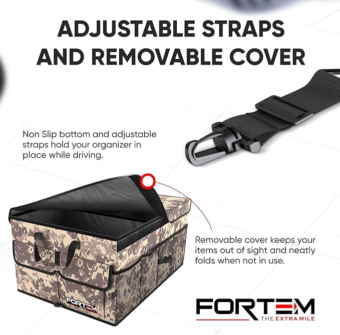 FORTEM Car Trunk Organizer - Collapsible Multi Compartment SUV Trunk Organizer, Non Slip Bottom, Adjustable Securing Straps, Soft Cover 50L (Desert, Standard)