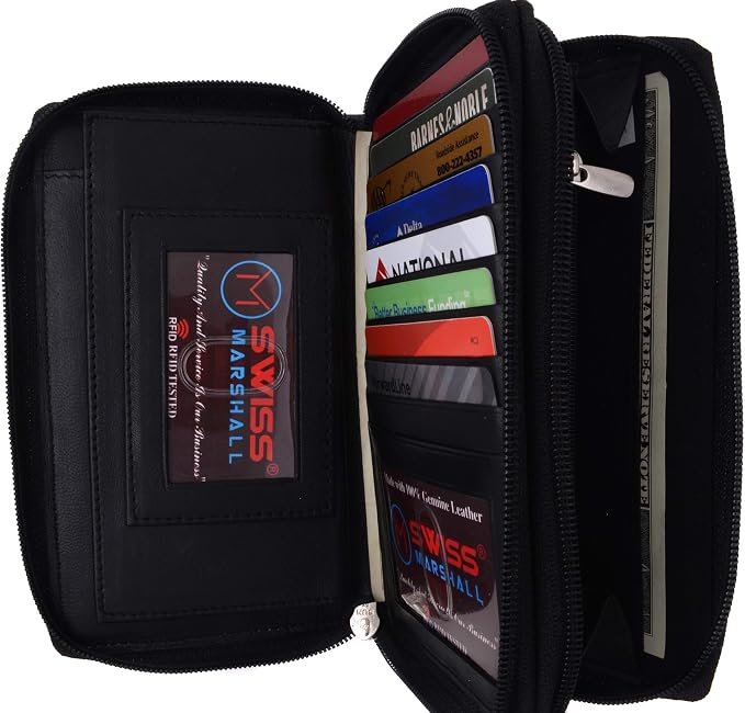 MARSHAL Genuine Leather Double Zipper Clutch Checkbook Wallet for Women #4575CF (RFID Black)