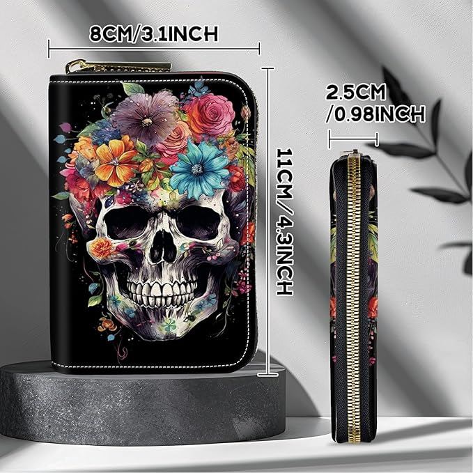 Cute Credit Card Holder with Zipper, Sugar Skull Flowers RFID-Blocking Card Case Small Wallet for Women Men, Multi-slot Card Organizer Case Travel Accordion Wallet