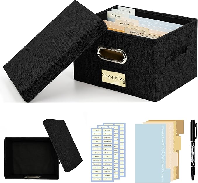 Greeting Card Organizer and Storage Box with 20 Pcs Adjustable Dividers, Storing Cards with 84 Pcs Labels Perfect for Storing Greeting Cards, Envelopes, Photos 1 Pack Black