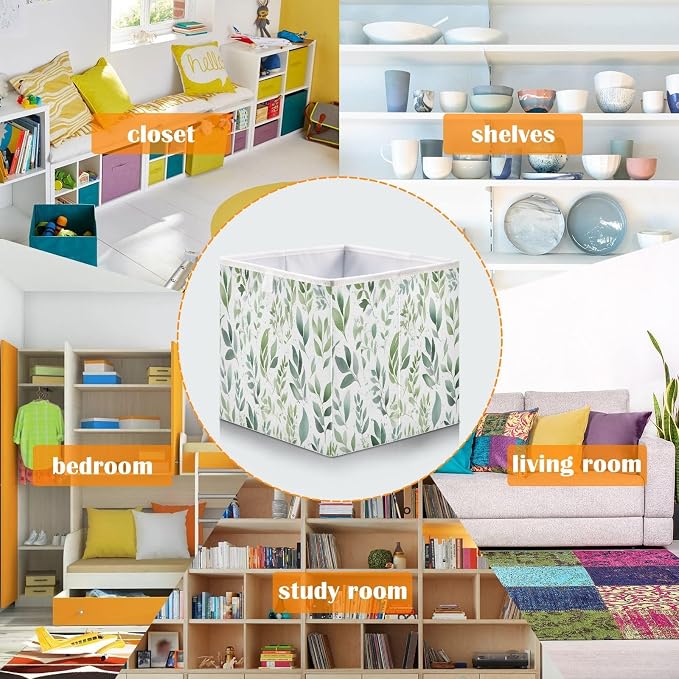 Sage Green Storage Baskets, 15.75x10.63x6.96 inch Foldable Decorative Fabric Storage Bins, Closet Organizer for Shelves, Clothes, Books & Bedroom Organization