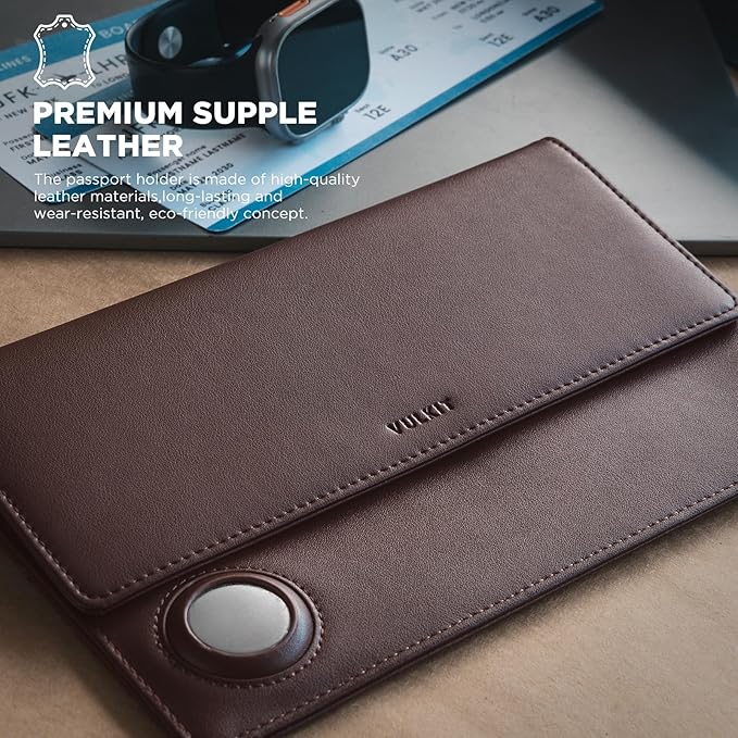 VULKIT Family Passport Holder for 4 Leather Passport Wallet with Airtag Slot Multiple Passport Holder RFID Blocking Bifold Travel Documents Organizer