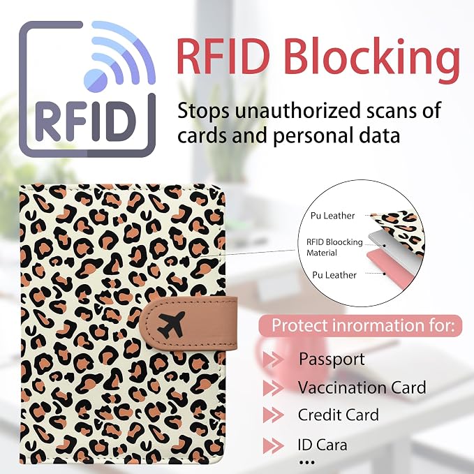 Passport Holder, Travel Wallet Cover with Pen Loop | Cute RFID Blocking Leather Case with Magnetic Closure for Travel Essentials-Leopard