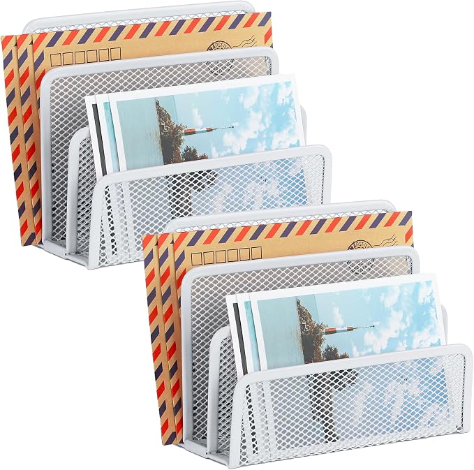 EASEPRES Desk Mail Organizer, Office Small Desktop Metal Mesh Envelope Letter Sorter Paper File Holder Organizer with 3 Vertical Upright Compartments, White 2 Pack