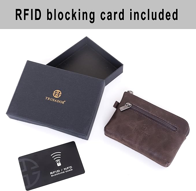 Trusador Milano Unisex Leather Front Pocket Wallet Coin Purse Zipper Pouch with Keychain (Brown)