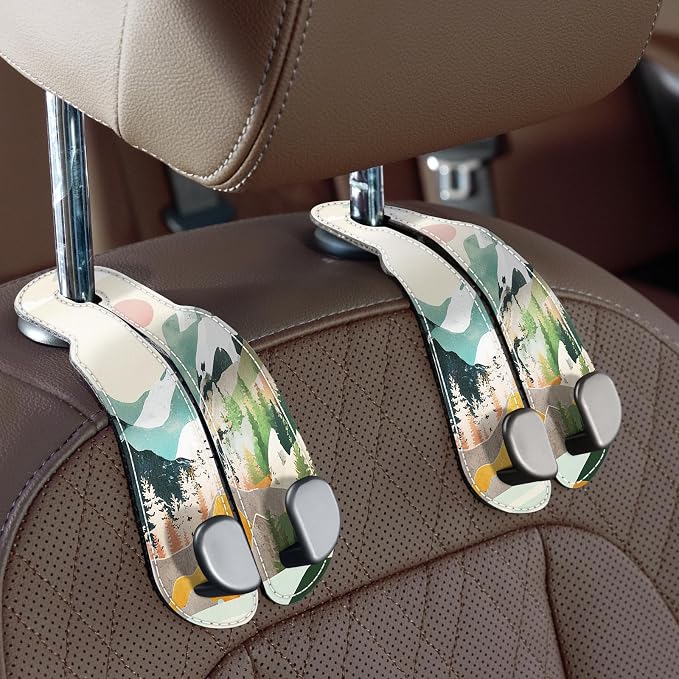 CoBak Purse Hook for Car - Universal Premium Stitched Leather and Aluminum-Magnesium Alloy Double Car Seat Back Storage Hook for Purses, Handbags, Bags (2 Pack),Mountain Calm