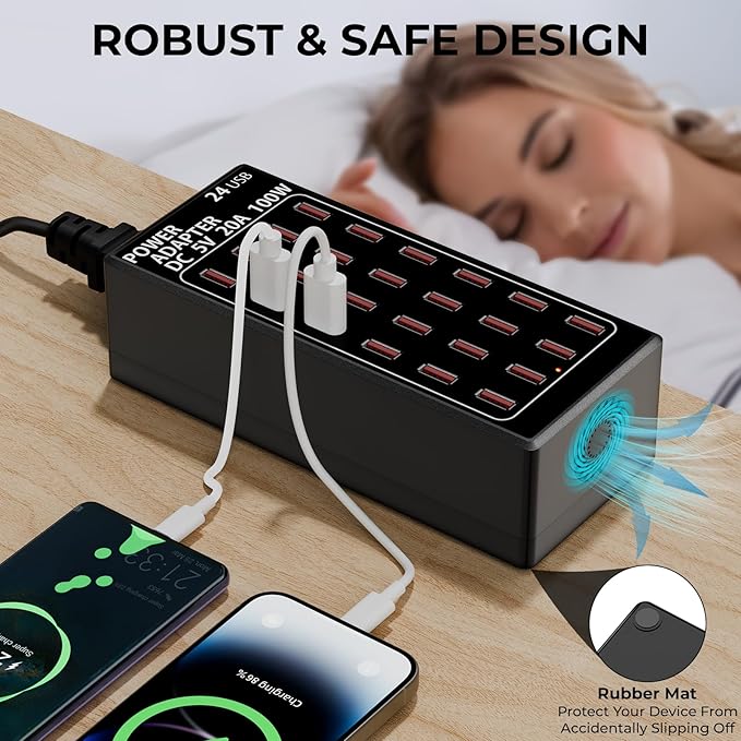 USB Charging Station, 100W/20A 24 Port Desktop Multiple Device Charger Station, Multi Ports Fast Phone Charging Station Organizer, Suitable for School Mall Shop Hotel